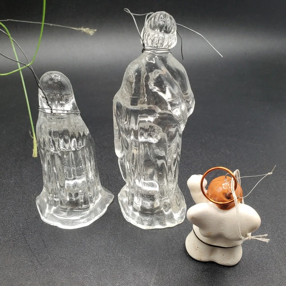 Jesus Mary and Angel Glass and ceramic Vintage Christmas Ornament from estate sa